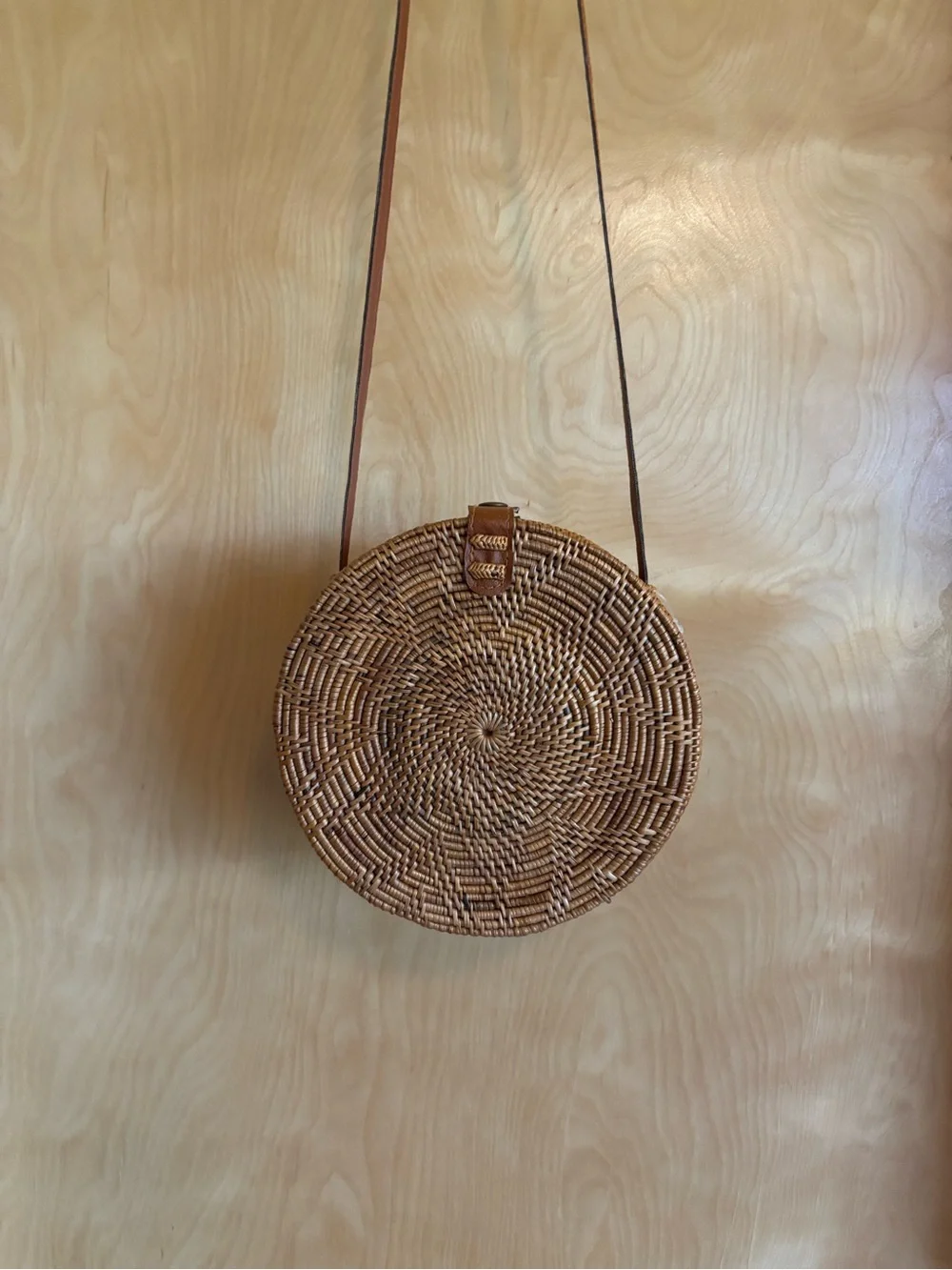 Round Woven Rattan Crossbody Bag - Vegan Leather Strap